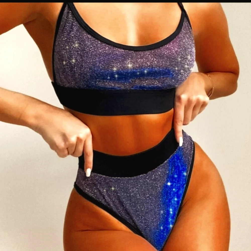 Women’s H.P.Galaxy Starry Night Lurex high-waist bottom cami top Bikini - Picture 1 of 11